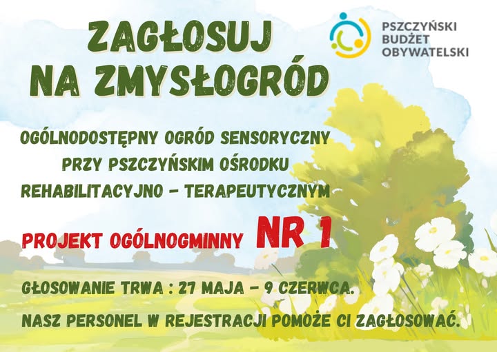 Grafika przedstawiająca zielony ogród z pięknymi dębami, oraz treścią zachęcająca do oddania głosu w PBO2026